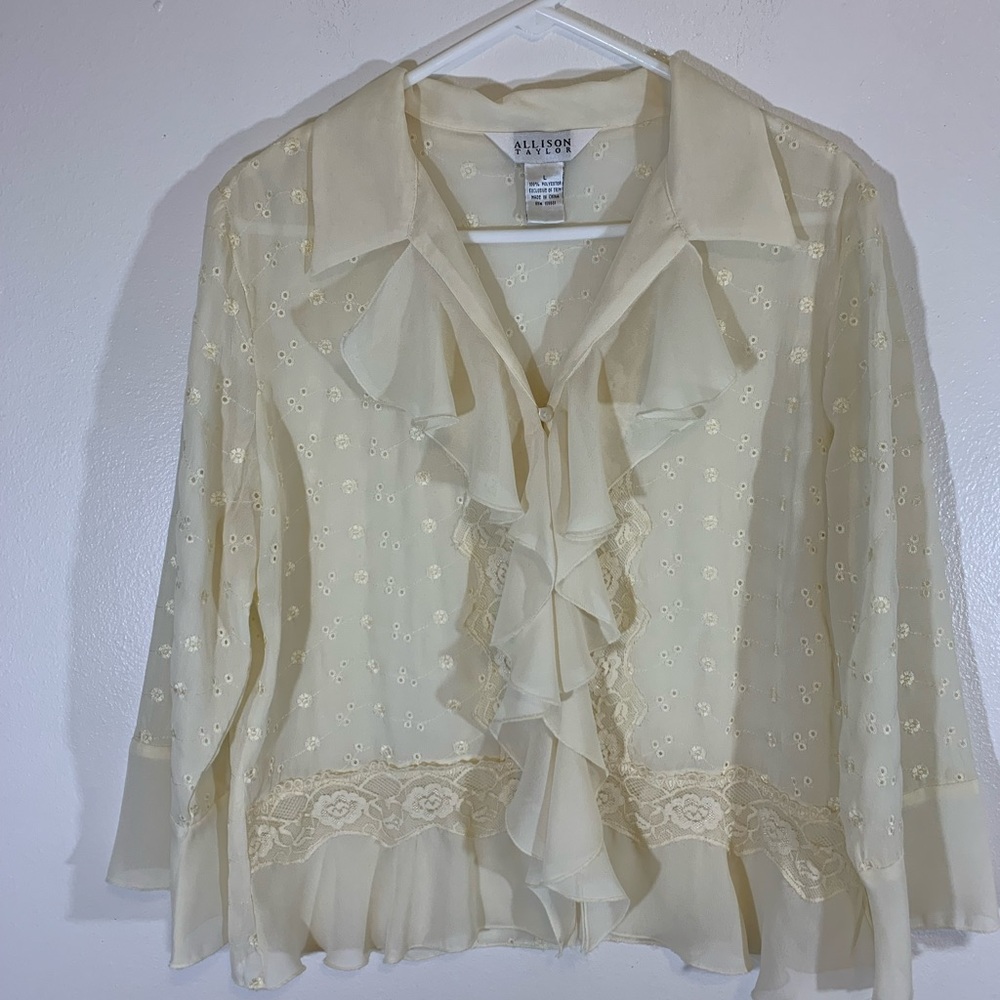 Allison Taylor size large, cream color, button down with ruffled lace, sheer